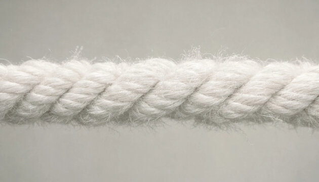 Close up view of a thick white twisted cotton rope showing detailed fibers and texture against a neutral light grey background surface