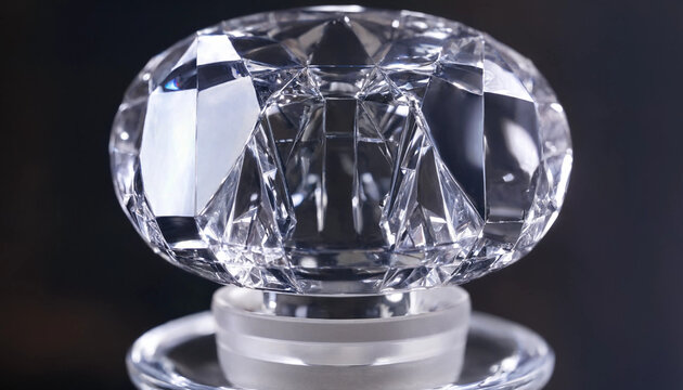 Close up of a clear crystal perfume bottle stopper with intricate geometric facets reflecting light against a dark background