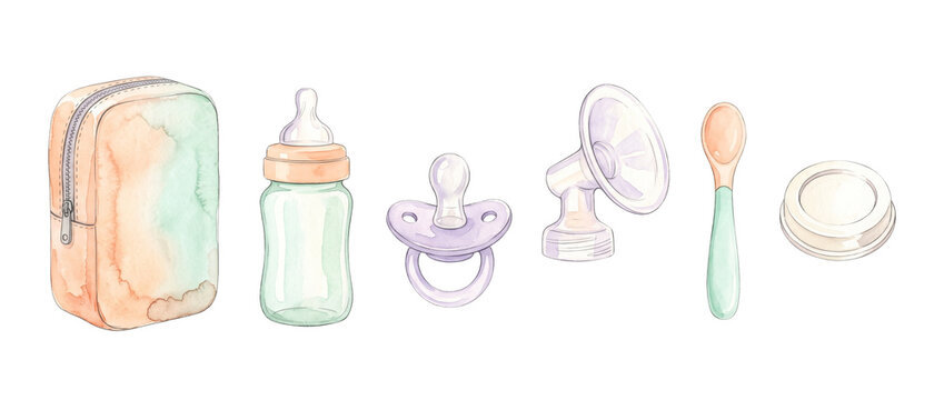 Watercolor baby bottle feeding set with breast pump, pacifier, spoon, and diaper bag isolated on white background for newborn infant care designs, nursery illustration, and mother parenting graphics.