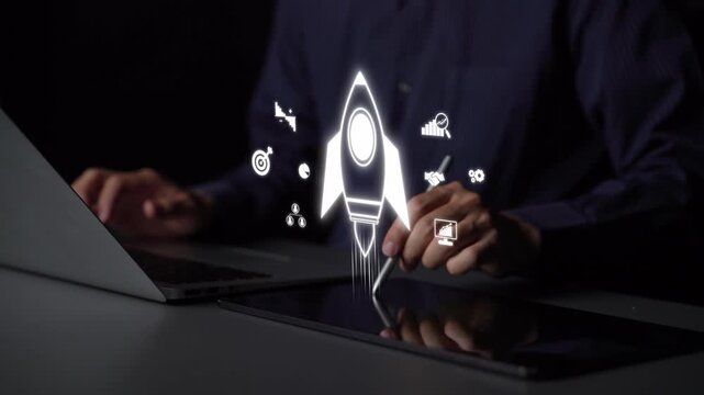 Startup launch and business growth concept, rocket symbolism, entrepreneurship, startup innovation, and early-stage success strategies for new business development and expansion. Muxer
