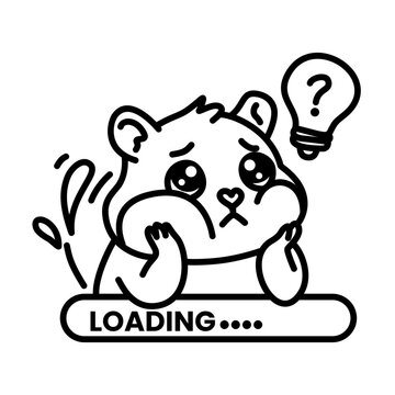 Cute cartoon hamster thinking with loading bar and question mark lightbulb.