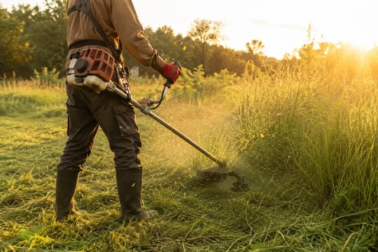 Worker cutting tall grass with brush cutter at sunset