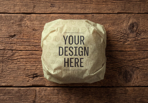 Top View Fast Food Wrapped Paper Mockup on Wooden Background