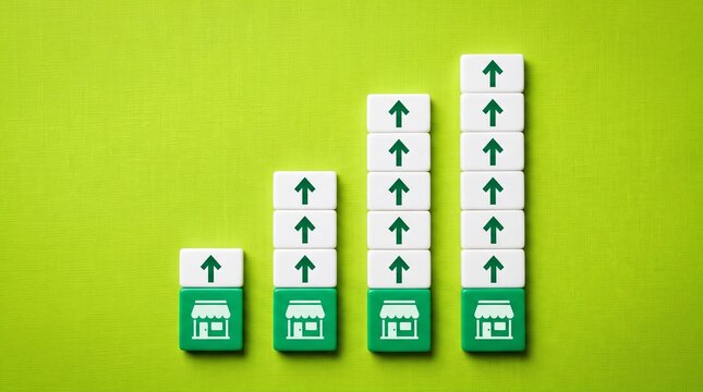 Franchise Growth Chart: A visually appealing infographic-style chart depicting the exponential growth of franchises, represented by stacked building icons with upward arrows.