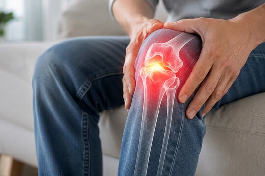 Person holding painful knee with highlighted joint inflammation
