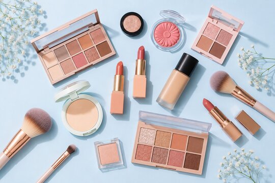 Makeup cosmetics collection arranged on pastel blue background