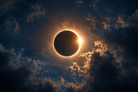 Total solar eclipse with glowing corona and dramatic dark clouds