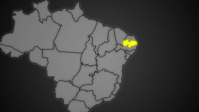 Para&iacute;ba State Highlighted in Yellow on Brazil Map Dark Background Animation