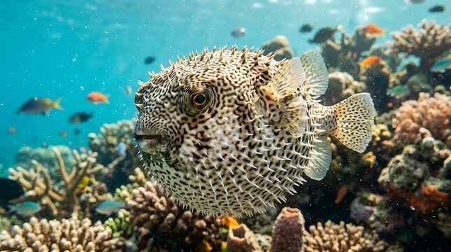 Pufferfish inflated in ocean water