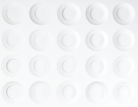 Modern minimal white background grid or array of circles with random thickness, polygon pattern background wallpaper banner, flat lay