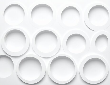 Modern minimal white background grid or array of circles with random thickness, polygon pattern background wallpaper banner, flat lay