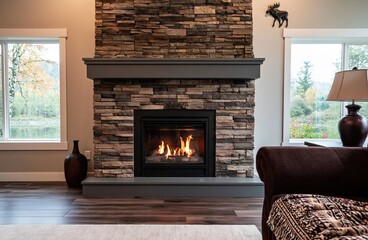 Obraz premium Fireplace in a cozy modern living room with warm stone interior of a luxury home
