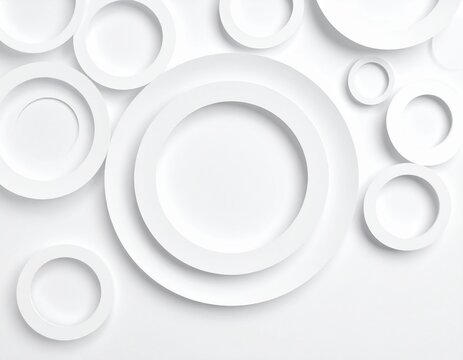 Many concentric random offset white rings or circles background wallpaper banner flat lay top view from above with copy space
