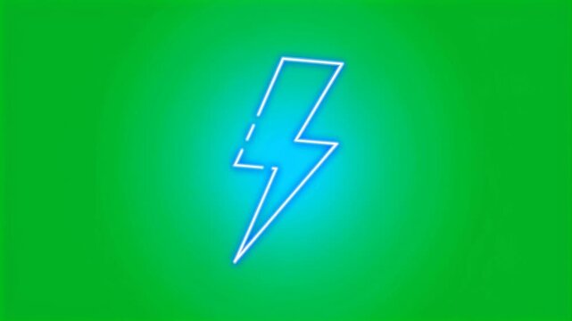 Glowing neon blue lightning bolt icon flashing on green screen HD video for video editing