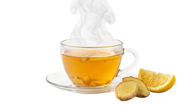 Steaming hot ginger tea in glass cup, fresh lemon and ginger root slices, herbal detox beverage for wellness and immunity support isolated PNG with Transparent Background