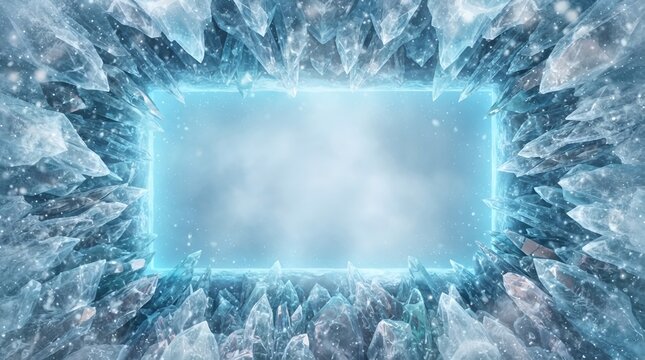Rectangular neon blue light frame surrounded by sharp jagged ice crystals, frozen winter portal, cold atmosphere, mystical glowing entrance