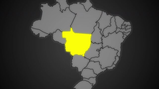 Mato Grosso State Highlighted in Yellow on Brazil Map Dark Background Animation