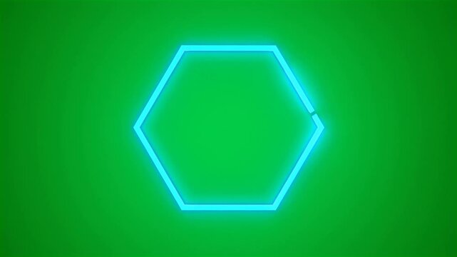 Neon blue glowing hexagon shape pulsing on a solid green background HD video for video editing