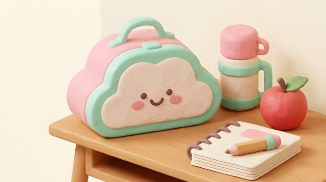 Cute cloud shaped lunch box with apple and notebook on a wooden table.