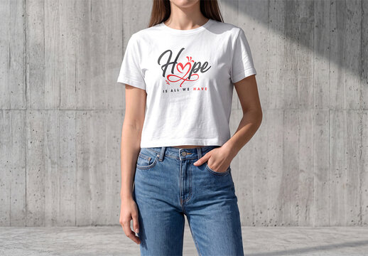 White Women's Crop T-Shirt Mockup on Female Model