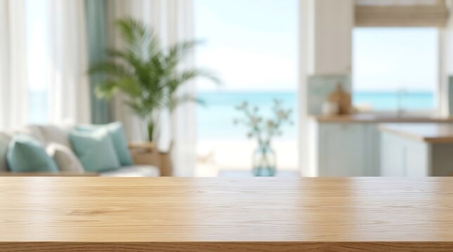 Empty Wooden Table Surface with Blurred Clean Interior Background of a Sunny Beach House for Product Presentation Mockup