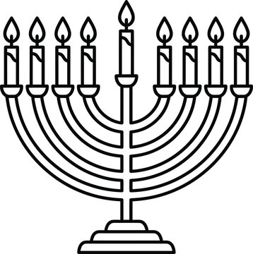 Black and white outline illustration of a traditional Jewish Hanukkah menorah.