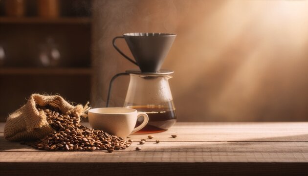 Warm still life of pour over coffee with a ceramic cup, glass carafe, rising steam, and roasted beans spilling from a burlap sack on a rustic wooden table with soft sunlight and copy space.