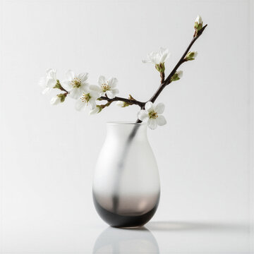 Frosted Gradient Blossom Single branch of cherry blossom (Prunus serrulata) extends from frosted glass vase with ombre gradient from clear