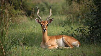 Fototapeta premium Majestic Male Impala Antelope with Large Spiral Horns Resting in the Green Grass of African Savanna