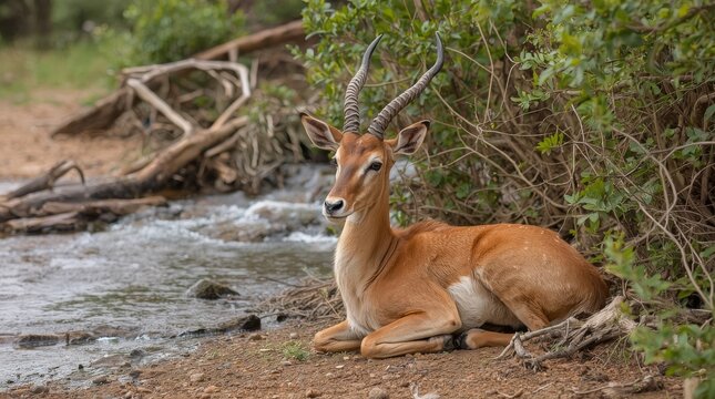 Male Impala Antelope Resting on a Riverbank in African Savanna, Wildlife Conservation and Nature
