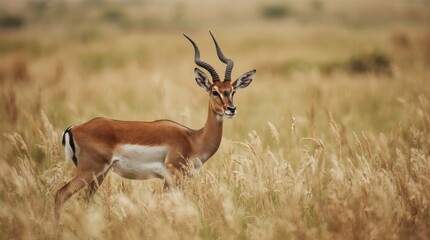 Fototapeta premium Majestic Male Impala Antelope Standing in Tall Golden Grass of the African Savanna Wilderness