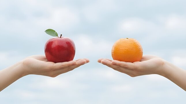 Two hands holding a red apple and an orange fruit against a cloudy sky background, representing choice and, healthy food options concept