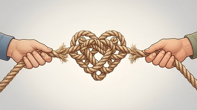 Two hands pulling a thick brown rope tied into a heart shape knot, with frayed ends, representing relationship conflict and separation
