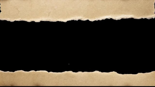 Ripped sheet of paper transition from right to left on alpha channel. Animated torn paper frame on black background with empty copy space for messages in Apple ProRes 422