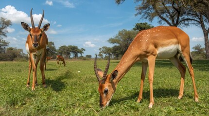 Fototapeta premium Majestic African Impalas Grazing in a Lush Green Savanna Meadow Under a Clear Blue Sky in the Wild