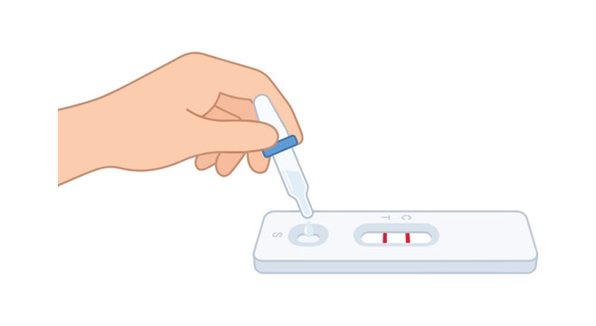 Hand holding dropper over pregnancy test with two pink lines vector illustration home hpt urine