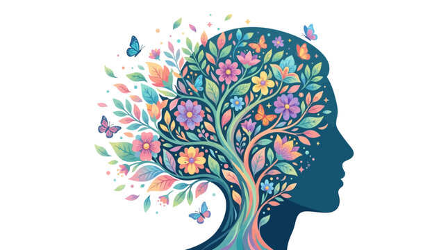 Profile silhouette of a human head blends into a vibrant tree overflowing with colorful flowers and butterflies to represent the connection between nature and the complex human mind in this art.
