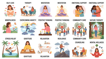 Fototapeta premium Mental health icons depict various scenes of self-care and emotional support including therapy sessions, meditation, nature connection, and community involvement to showcase holistic wellness habits.