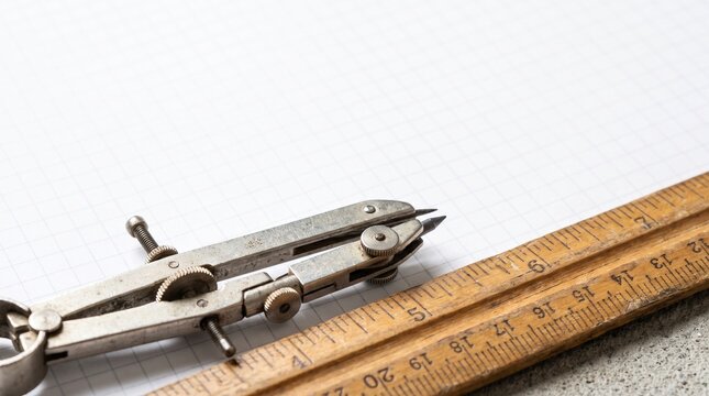 Vintage Drafting Compass and Ruler on Wooden Desk for Design Space