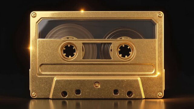 Single golden vintage or old retro cassette tape on black background, 4K video