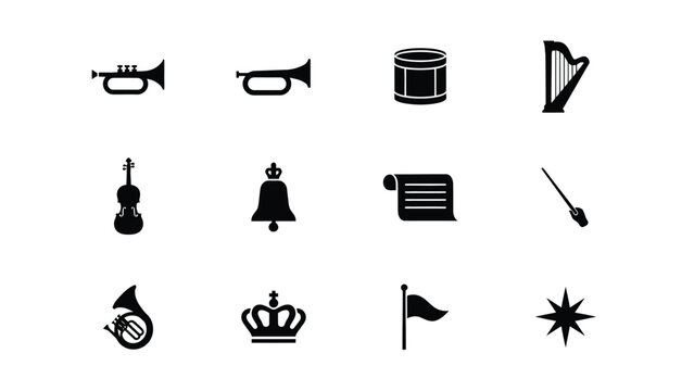 Classic black and white musical instruments and symbols icon set with crown with starburst against clean white background collection with collection