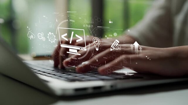 Modern web development concept featuring coding symbols, web development process, web development interface, and web development tools with futuristic design. Muxer