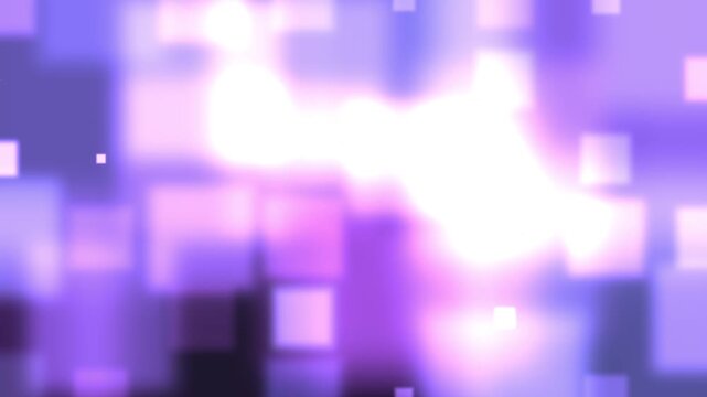 Abstract blurred purple and white glowing squares. Soft defocused geometric mosaic background featuring luminous rectangular block lights and digital bokeh effects.
