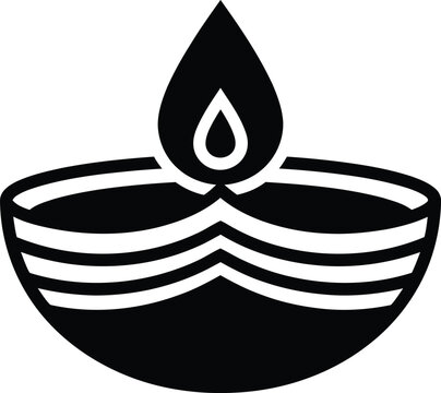 A black and white vector icon of a traditional indian oil lamp diya used for religious ceremonies and the festival of lights diwali