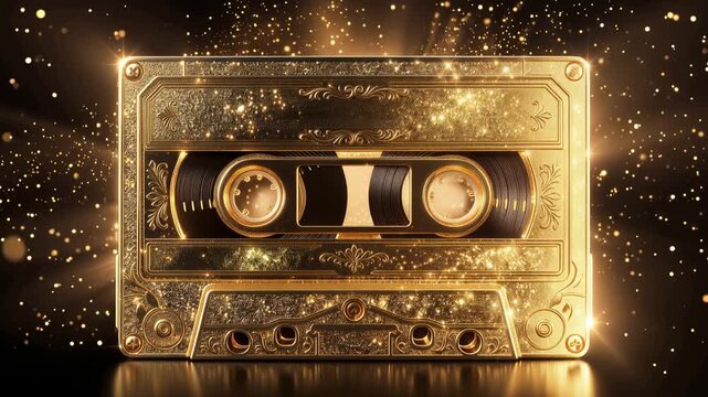Single golden vintage or old retro cassette tape on black background, 4K video