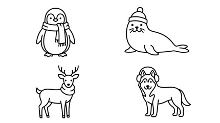 Obraz premium Winter animals with scarves and hats line art