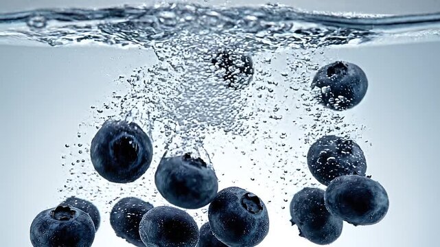 Fresh blue blueberries submerging into clear water creating dynamic bubbles in this slow motion video clip