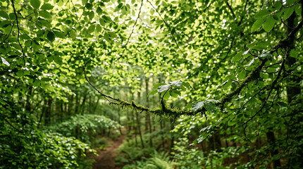 Obraz premium Sunlight filters through the lush green forest canopy illuminating moss-covered branches and a winding woodland path.