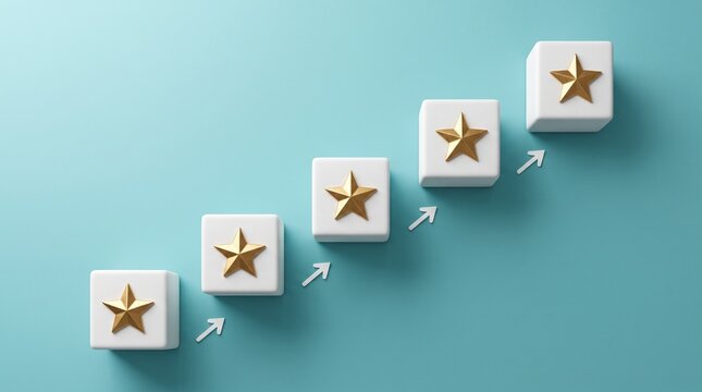 Five Stars Staircase of Success: A conceptual representation of progress and achievement, depicted as a staircase made of white blocks, each adorned with a golden star.