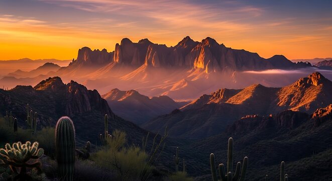 Misty mountain peaks at sunset with saguaro cactus.